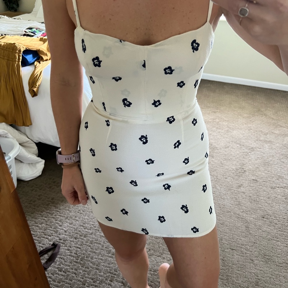 Reformation cream and navy flower mini dress